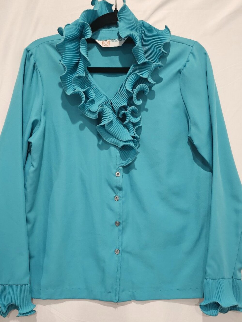 Vintage 70s DC Collections Teal Ruffle Blouse M Pleated Disco Collar ILGWU